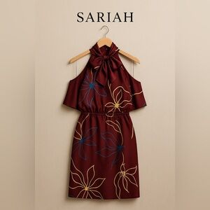 Sariah Limited Edition 3/28 Cold Shoulder High Neck Bow Burgundy Print Dress XS